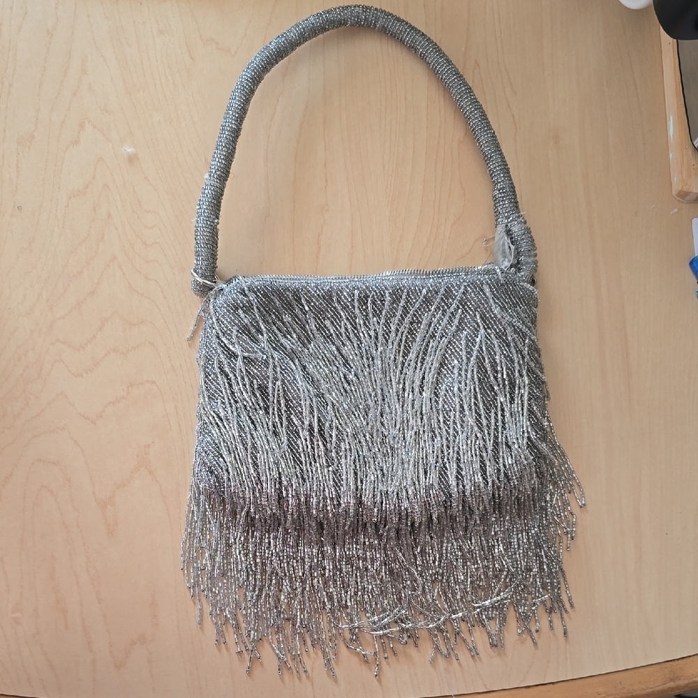 Silver Beaded Fringe Handbag